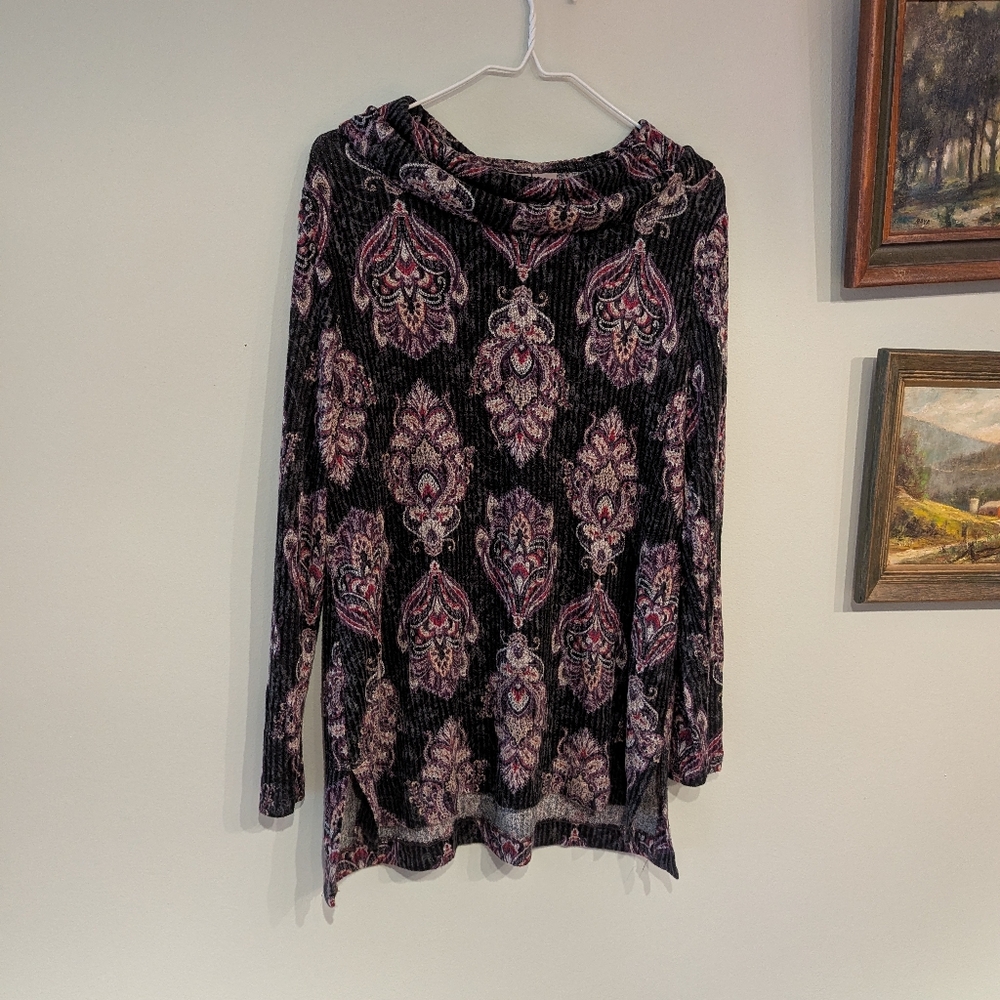 Chicos Zenergy 1 Women's 8/10 Cowl Neck Knit Top Sleeve Ribbed Soft Paisley 22